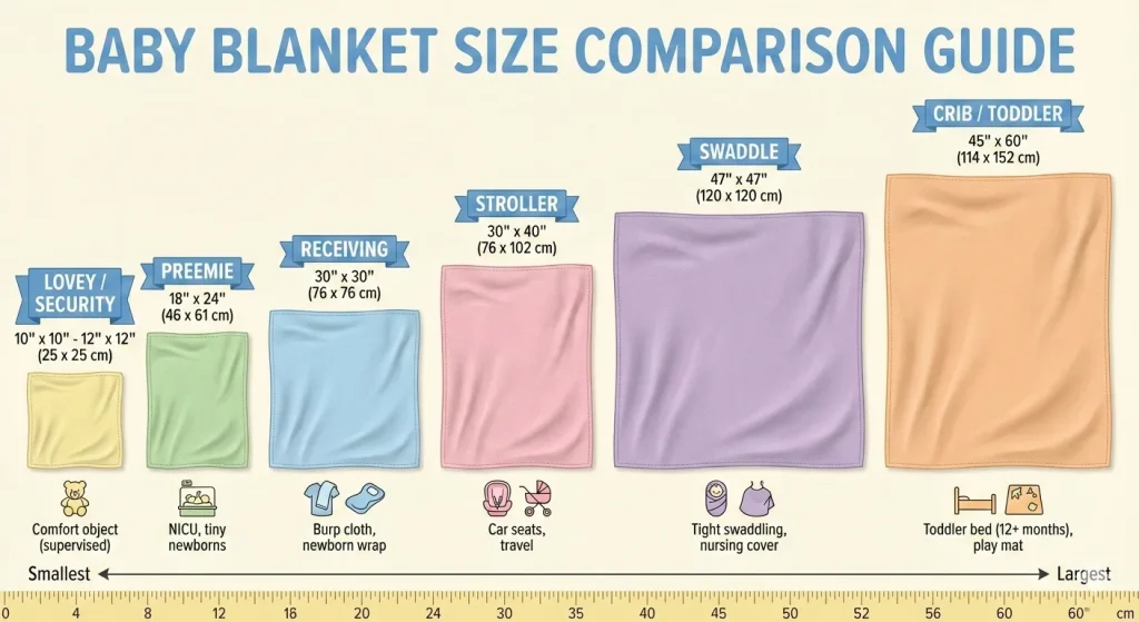 Ultimate Baby Blanket Size Guide: Dimensions, Charts & Safety (Newborn to Toddler) 2 Baby blanket size comparison chart showing dimensions for lovey, swaddle, crib, and receiving blankets.